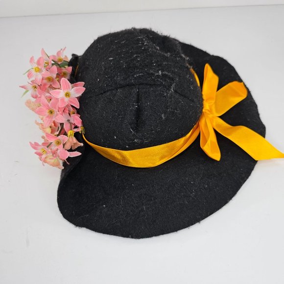 Vintage Build A Bear Felt Hat Black Orange Ribbon Flowers - Picture 2 of 6